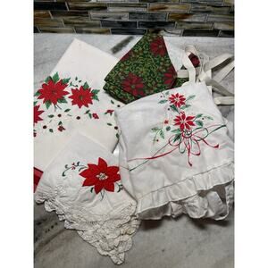 Lot Of Vintage Christmas Linens Apron Aprons Tablecloth Table Center Piece MCM